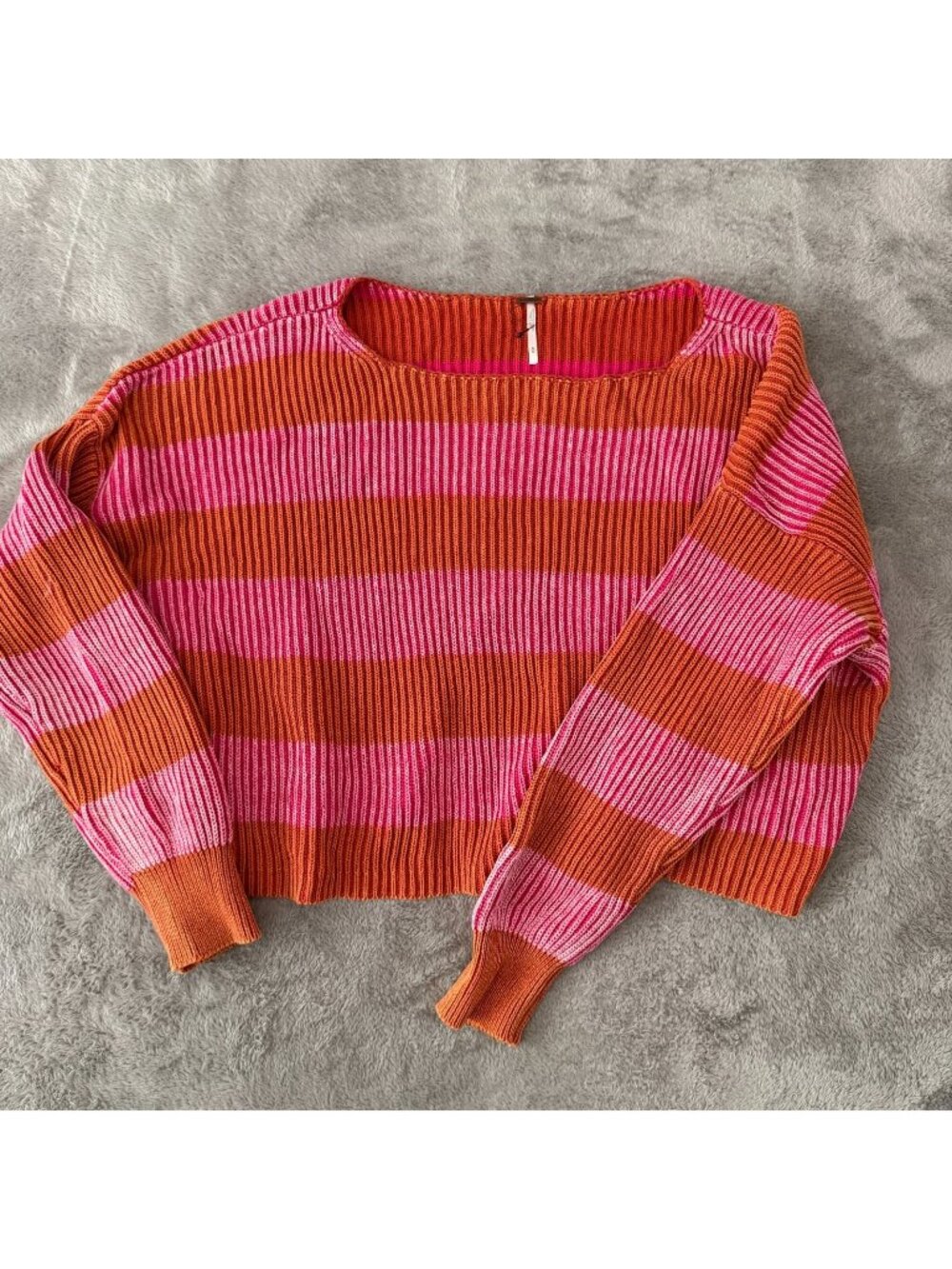 Free People Just My Striped Knit Cropped Oversized Sweater MEDIUM Pink Orange